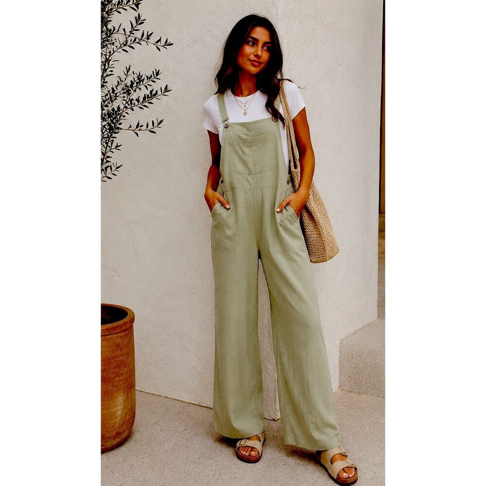 * Billabong Avocado Green Wide Leg Dungaree Jumpsuit Small - Picture 1 of 5